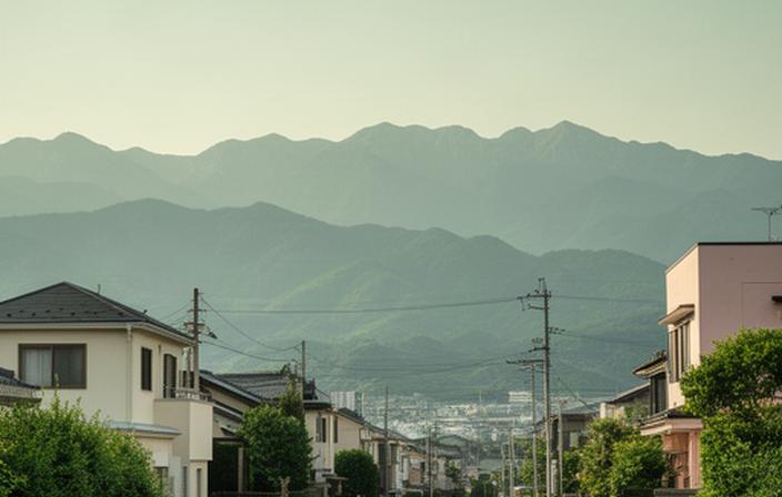 神奈川県大井町の穏やかな街並みと遠くに見える山並み