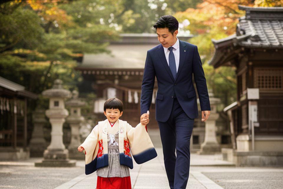 神社の境内で父親と手をつないで歩く七五三の男の子