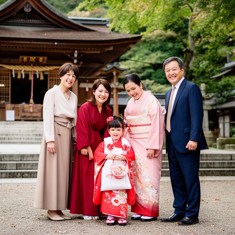 大井町の神社で着物姿の子どもと家族が並び自然に笑う七五三の記念写真