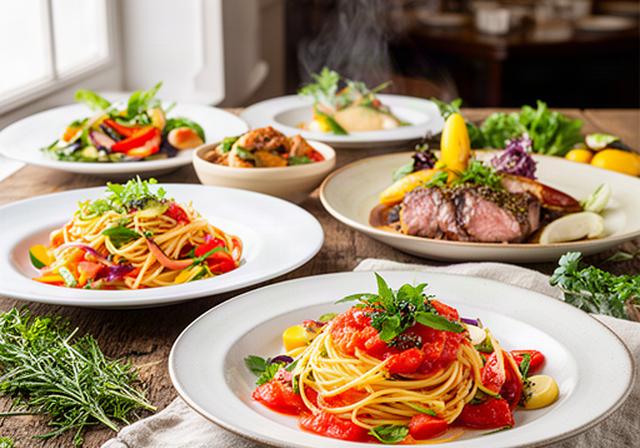 大井町のイタリアンレストランで撮影した彩り豊かな料理と木のテーブル