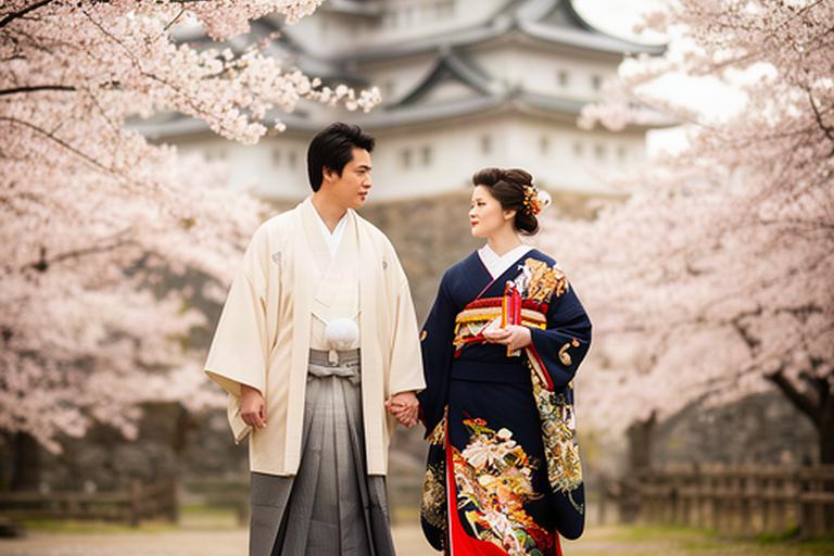 小田原城近くで撮影した和装前撮りの新郎新婦と桜の景色