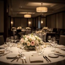 落ち着いた照明の提携式場で行われる披露宴のテーブル風景