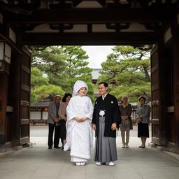 大井町の神社境内で家族に見守られる和婚の新郎新婦