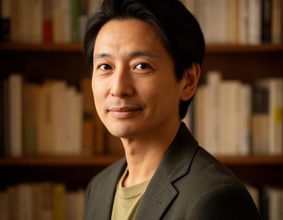 本棚の前で穏やかな表情を見せる講師のプロフィール写真