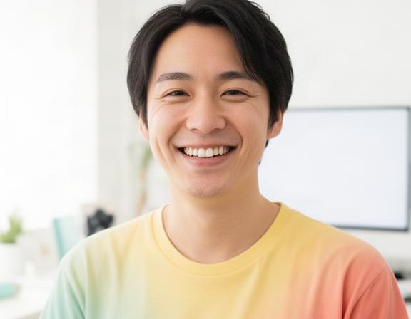 明るい室内でカメラに向かって笑う配信者のプロフィール用ポートレート