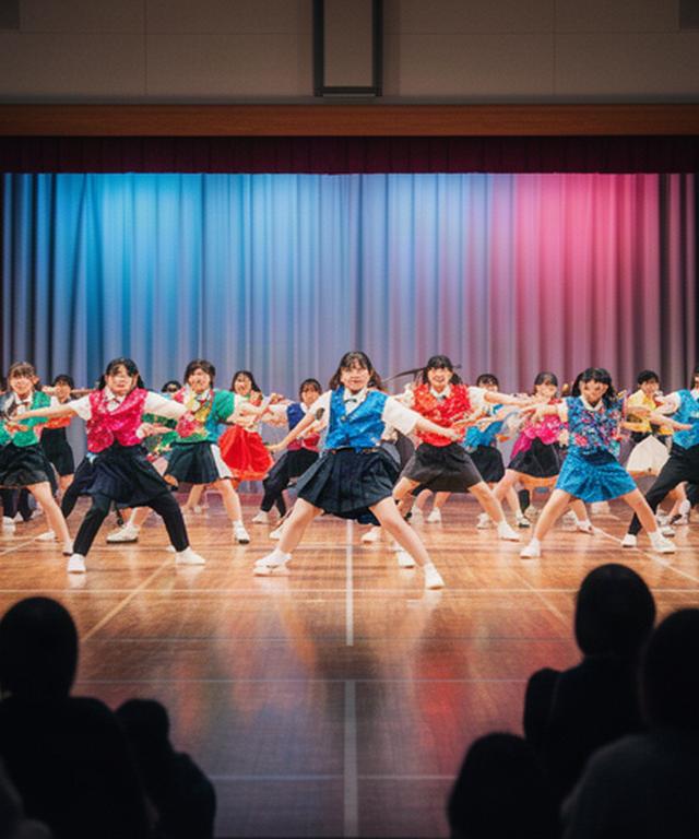 体育館の舞台で息を合わせて踊る生徒たち