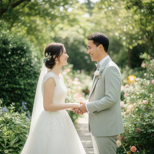 開成町の緑豊かな庭園で笑顔を交わす洋装の新郎新婦